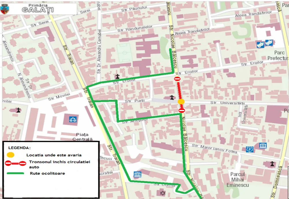 Închiderea totală a circulației autovehiculelor pe strada Nicolae Bălcescu, pe tronsonul cuprins între str. Eroilor și str. Arieșului