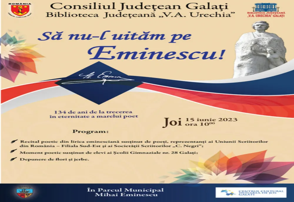 Omagiu marelui poet Mihai Eminescu, la 134 de ani de la trecerea sa în eternitate