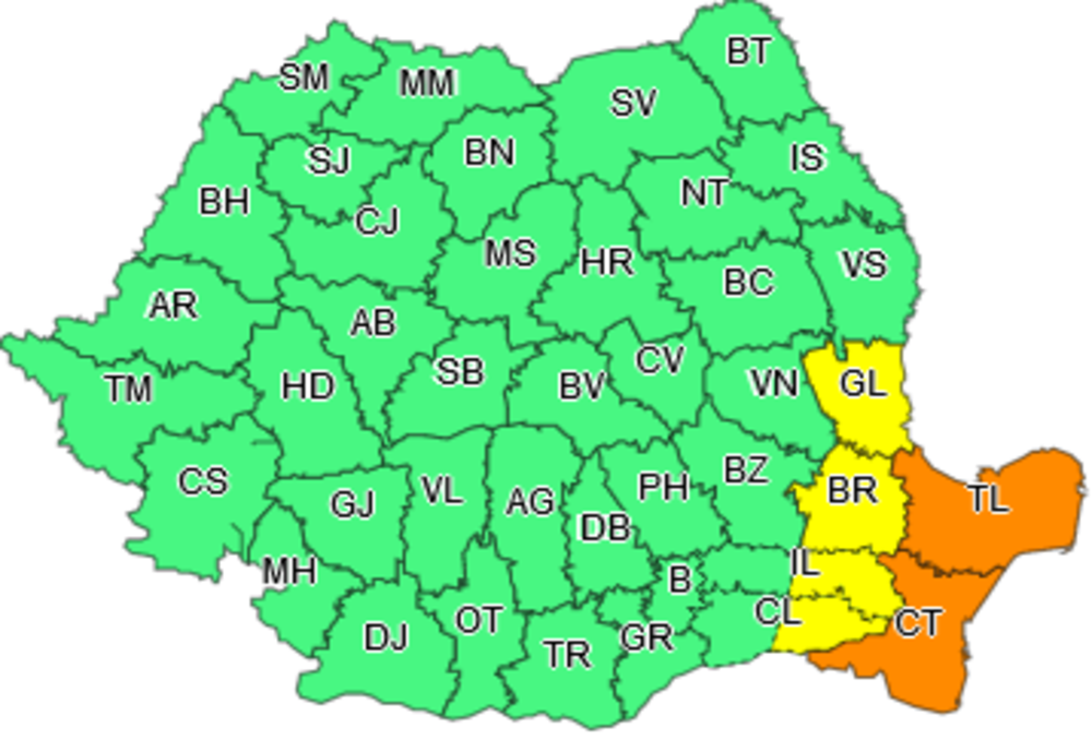 Județele Brăila și Galați sub cod galben până mâine