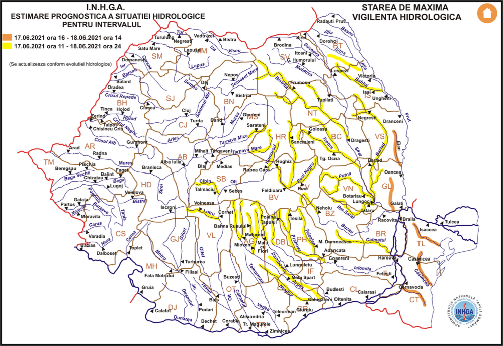 Cod galben și cod portocaliu de viituri pe cursuri de apă din mai multe județe