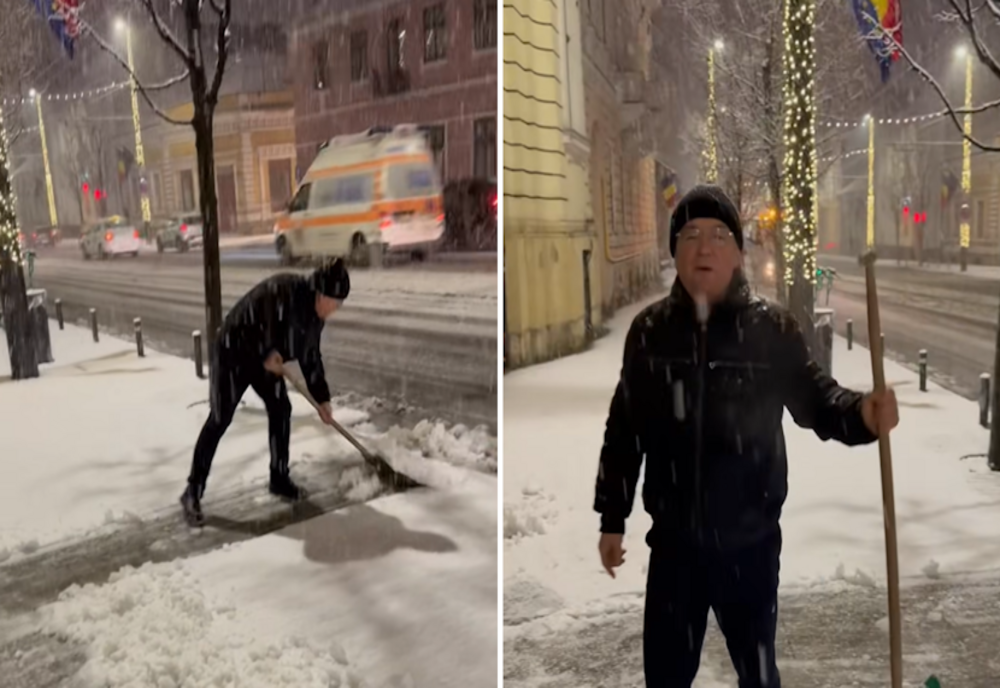 Emil Boc, show cu lopata în fața Primăriei Cluj-Napoca VIDEO