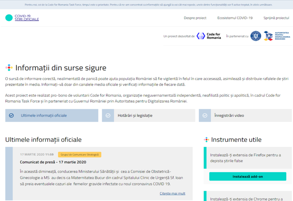 Platforma lansată de Guvern pentru centralizarea informațiilor oficiale despre coronavirus