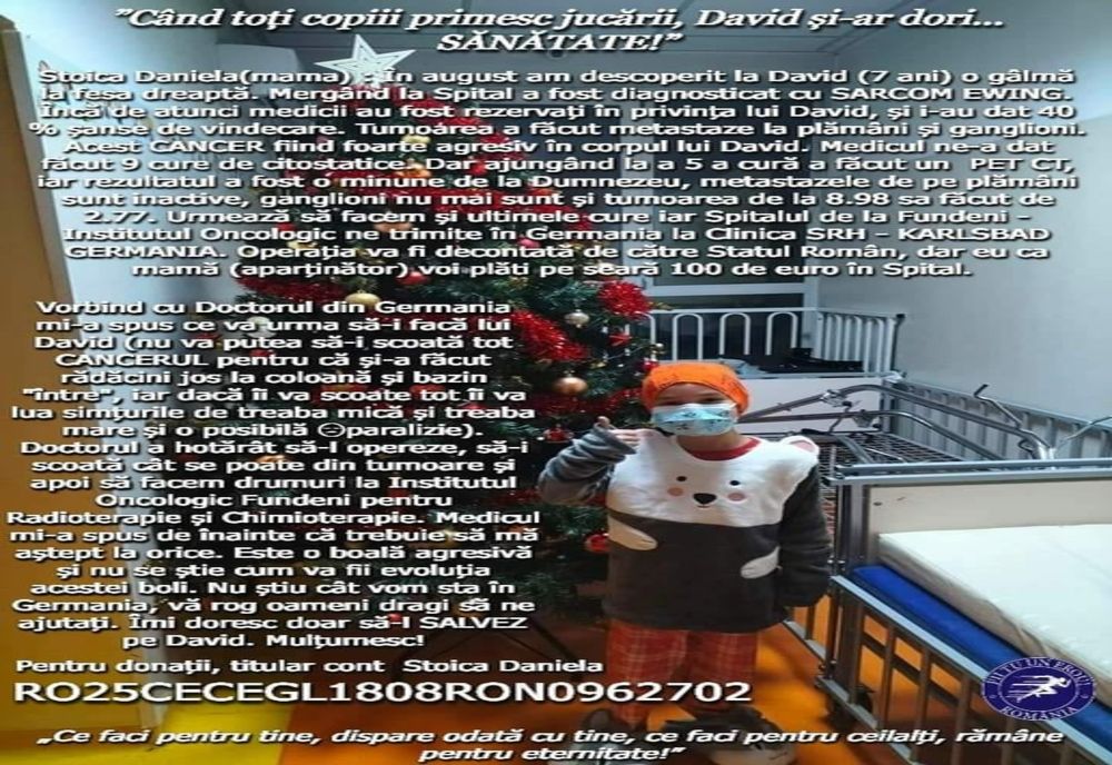 Când toți copiii primesc jucării, David își dorește SĂNĂTATE!